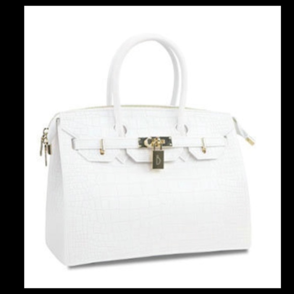 Vegan Matte White Crocodile Handbag Tote Purse - Picture 3 of 7